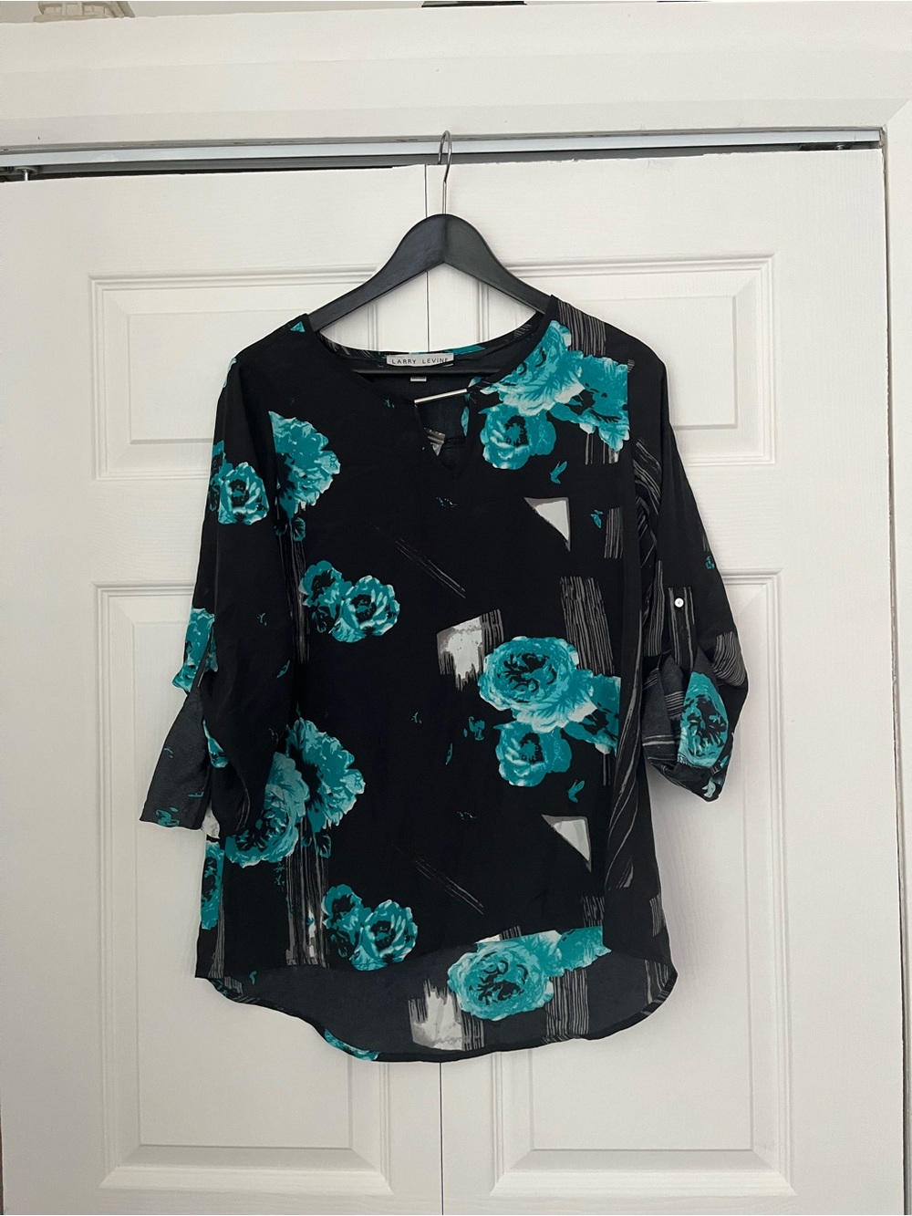 Larry Levine Black Blouse with Teal Floral Print